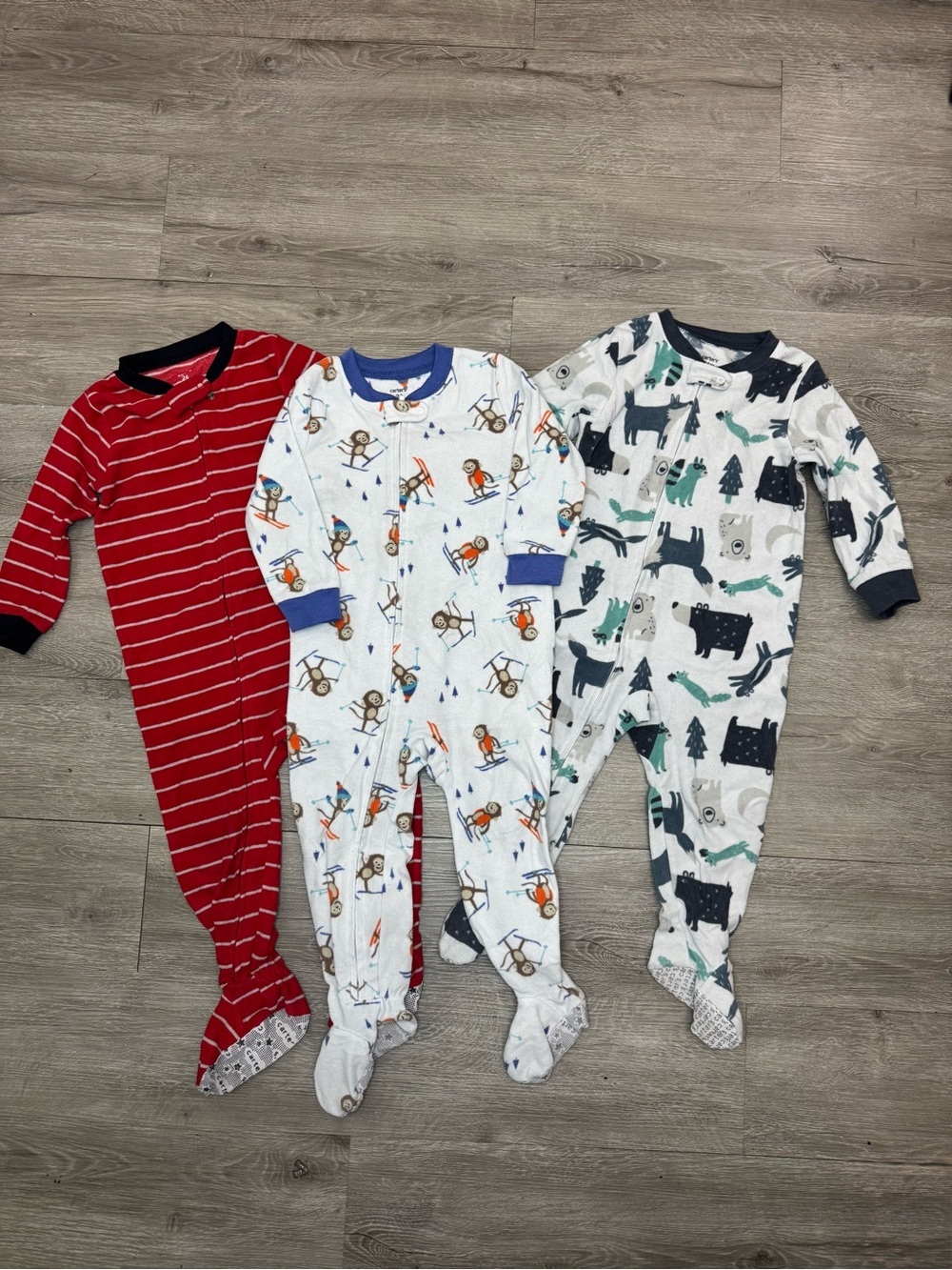 3 Pack Footed Zip Pajama Sleepers 24 Months Red Animal Monkey Bundle
